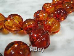 Huge Old Antique Chinese Carved Melon Bead Baltic Amber Necklace 94.8 Grams