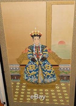 Huge Old Chinese Emperor Watercolor Silk Panel Screen Painting Unsigned