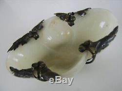 Imperial Antique Chinese Near White Cavred Jade Bowl 1800s French Silver Mounts