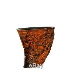 Important 19th c Qing Chinese Highly Carved Bamboo Liberation Cup Form Brush Pot