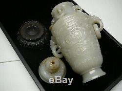 Impressive Chinese well carved celadon white 6-ring jade covered vase 18th/19thC