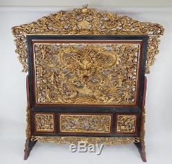 Incredible Large Chinese intricately carved Gilt wood Dragon Screen 74