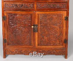 Intricately Carved Chinese Huanghuali Dragon Cabinet 74.75 inches