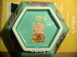 Jiaqing Seal hexagonal Chinese TURQUOISE Porcelain BOWL w FOO DOGS + Red Paper