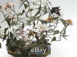 LARGE ANTIQUE QING CHINESE CLOISONNE PLANTER WITH JADE FLOWER TREE 20x17 H max