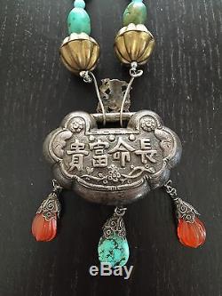 LARGE Fine Antique Chinese Silver Pendant Turquoise Nugget Agate Beaded Necklace
