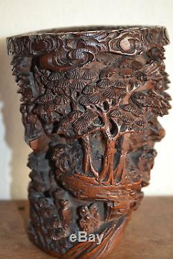 Large 19th Century Chinese Deeply Carved Scholar's Bamboo Brush Pot, c 1820