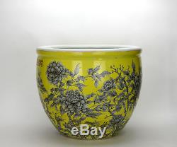 Large 19th c. Chinese Qing Yellow Glazed Black Ink Floral Porcelain Jardiniere