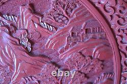Large 9.5 Vintage/Antique Chinese Carved Cinnabar Lacquer Plate Romantic EX++
