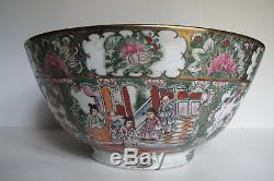 Large Antique Chinese Export Rose Medallion Punch Bowl Figural Scenes 14.25