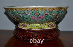 Large Antique Chinese Famille Rose Porcelain Footed Bowl Pheonix Wood Stand
