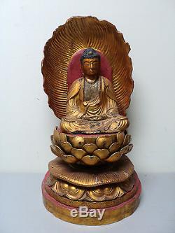 Large Antique Chinese Hand Carved Wood Gilt Decorated Buddha Figure & Shrine