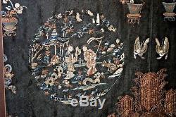 Large Antique Chinese Silk Embroidery Forbidden Stitch Gold Embroidered Panel
