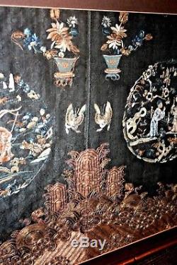 Large Antique Chinese Silk Embroidery Forbidden Stitch Gold Embroidered Panel
