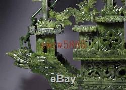Large Chinese Hand Carved 100% Natural Jade Dragon Incense statue Dragon Boat NR