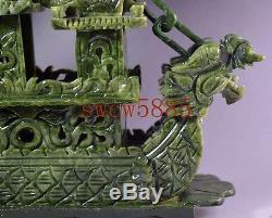 Large Chinese Hand Carved 100% Natural Jade Dragon Incense statue Dragon Boat NR