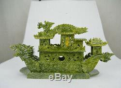 Large Chinese Hand Carved 100% Natural Jade Dragon Incense statue Dragon Boat RN