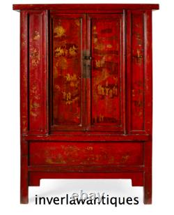 Large Chinese Qing Dynasty Red Laquer 2 Door Cabinet