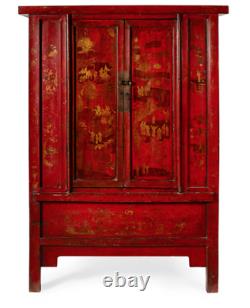 Large Chinese Qing Dynasty Red Laquer 2 Door Cabinet