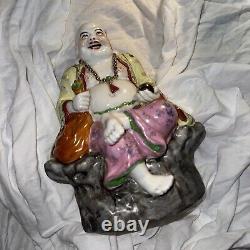 Large Laughing Fat Buddha Porcelain Statue Sitting On A Stump Heavy