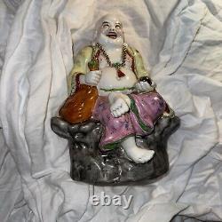 Large Laughing Fat Buddha Porcelain Statue Sitting On A Stump Heavy