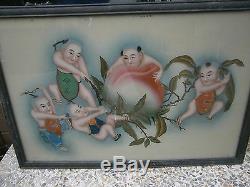 Large Pair Of (2) Chinese Reverse Paintings On Glass Best Hand Painted Superb