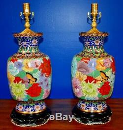 Large Pair Of 36 Chinese Cloisonne Vase Lamps- Porcelain Enamel Asian Oriental