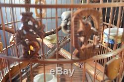 Large chinese antique wood and banboo bird cage