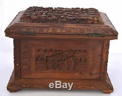 Late 19C Chinese Export Wood Carved Carving Casket Chest Box Figure Figurine