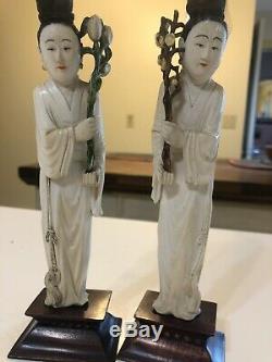 Lot Of 2 old Chinese bone bovine Figs. Wood stand