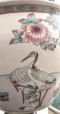 Lrg Beautifully Colorful FLOWERS SWANS Antique Oriental Chinese Koi Bowl Wstand