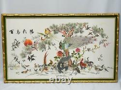 MONUMENTAL FRAMED ANTIQUE EARLY 20c CHINESE SILK EMBROIDERY BIRD PANEL 48x28