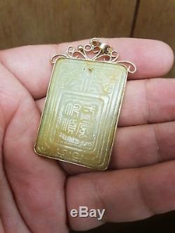Magnificent Rare Antique Chinese Carved Jade Pendant Signed 14k