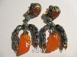 Magnificent Vtg Chinese Export Sterling-enamel-carved Carnelian Dangle Earrings