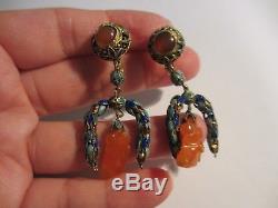 Magnificent Vtg Chinese Export Sterling-enamel-carved Carnelian Dangle Earrings