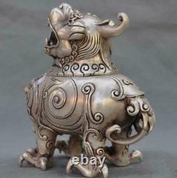 Marked Old Chinese Folk Pure Silver Lion Beast Statue Incense Burner Censer