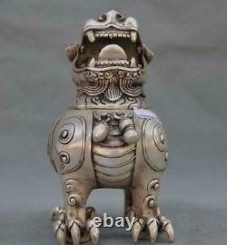 Marked Old Chinese Folk Pure Silver Lion Beast Statue Incense Burner Censer