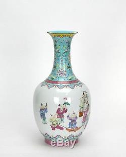 Museum Quality Chinese Famille Rose Boys Playing Turquoise Glazed Porcelain Vase