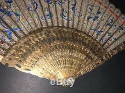 Museum Rare Typology Antique Chinese Gold Gilt Silver Filigree Enamel Brise Fan