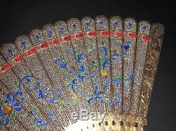 Museum Rare Typology Antique Chinese Gold Gilt Silver Filigree Enamel Brise Fan