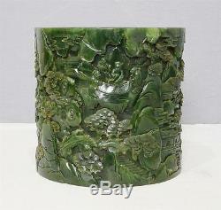 Nice Hand Carved Chinese Spinach Jade Brush Holder M2260