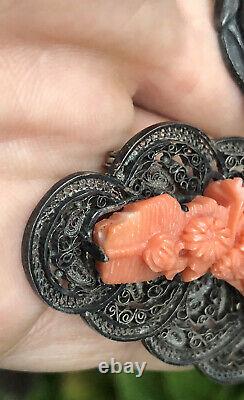 Nice! Lot 2 Old Chinese Silver & Finely Carved Coral Shell Asian Brooch Pins