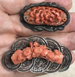 Nice! Lot 2 Old Chinese Silver & Finely Carved Coral Shell Asian Brooch Pins