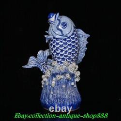 Old China Qing Dynasty Blue White Porcelain FengShui Fish Goldfish Animal Statue