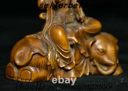 Old Chinese Boxwood Wood Carving Wenshu Manjushri Goddess Buddha Elephant Statue