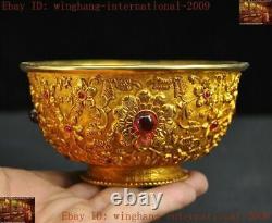 Old Chinese Bronze 24k gold Gilt Inlay gem Dragon fish statue Tea cup Bowl Bowls