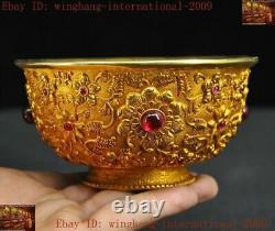 Old Chinese Bronze 24k gold Gilt Inlay gem Dragon fish statue Tea cup Bowl Bowls