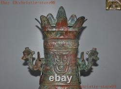 Old Chinese China Ancient Bronze Ware Dragon Zun Cup Bottle Pot Vase Jar Statue