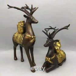 Old Chinese Copper Gilt Handmade Exquisite A Pair Deer Statue