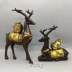 Old Chinese Copper Gilt Handmade Exquisite A Pair Deer Statue